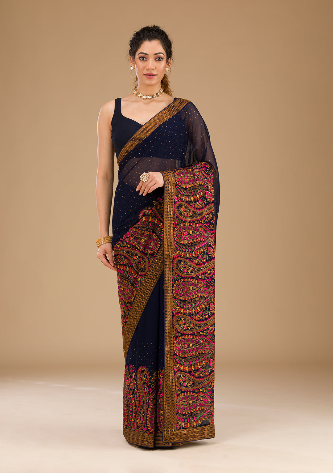 Navy Blue Threadwork Georgette Saree-Koskii