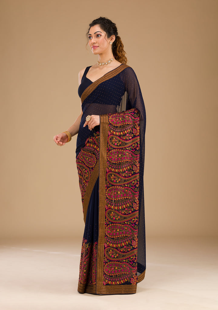 Navy Blue Threadwork Georgette Saree-Koskii