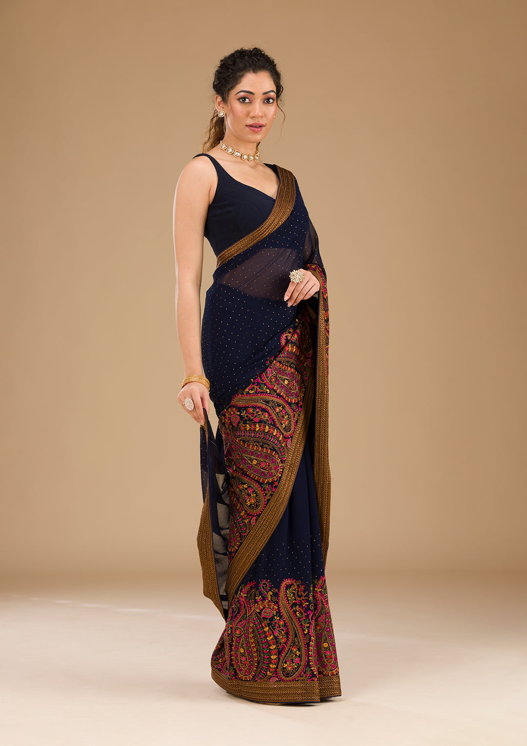 Navy Blue Threadwork Georgette Saree-Koskii