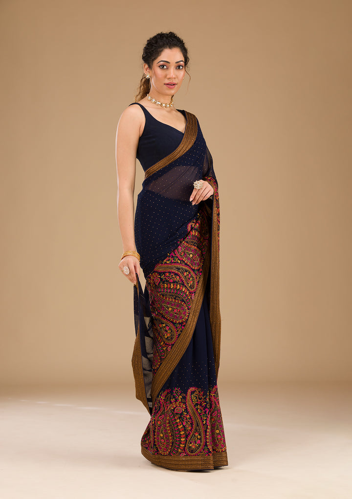 Navy Blue Threadwork Georgette Saree-Koskii