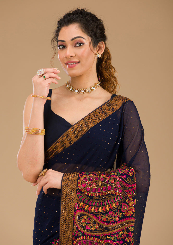 Navy Blue Threadwork Georgette Saree-Koskii