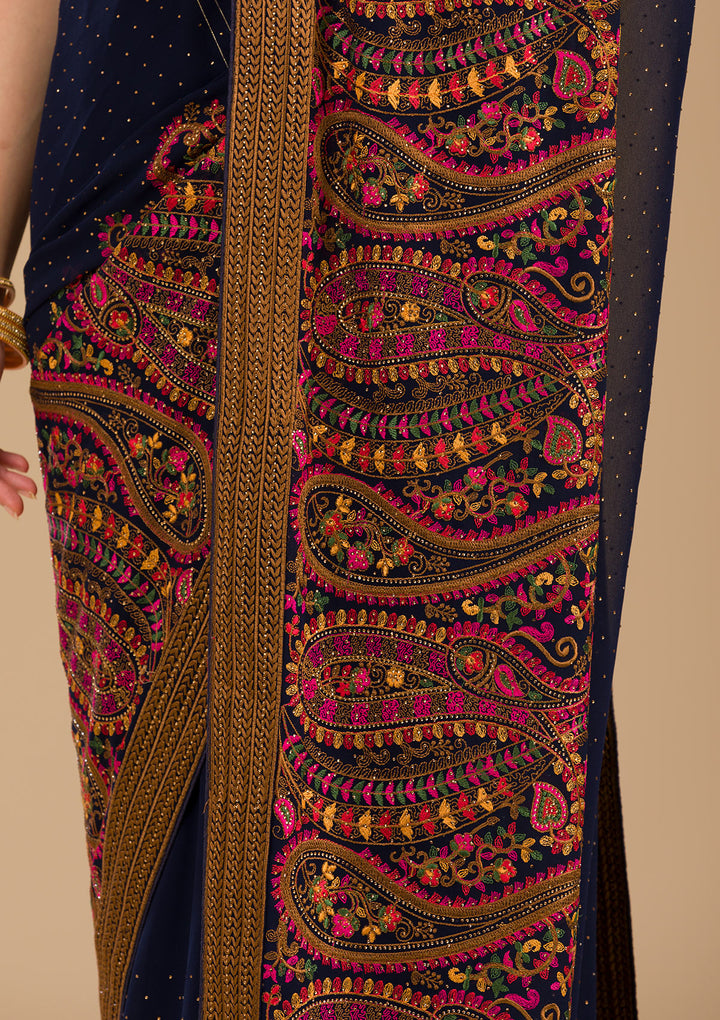 Navy Blue Threadwork Georgette Saree-Koskii