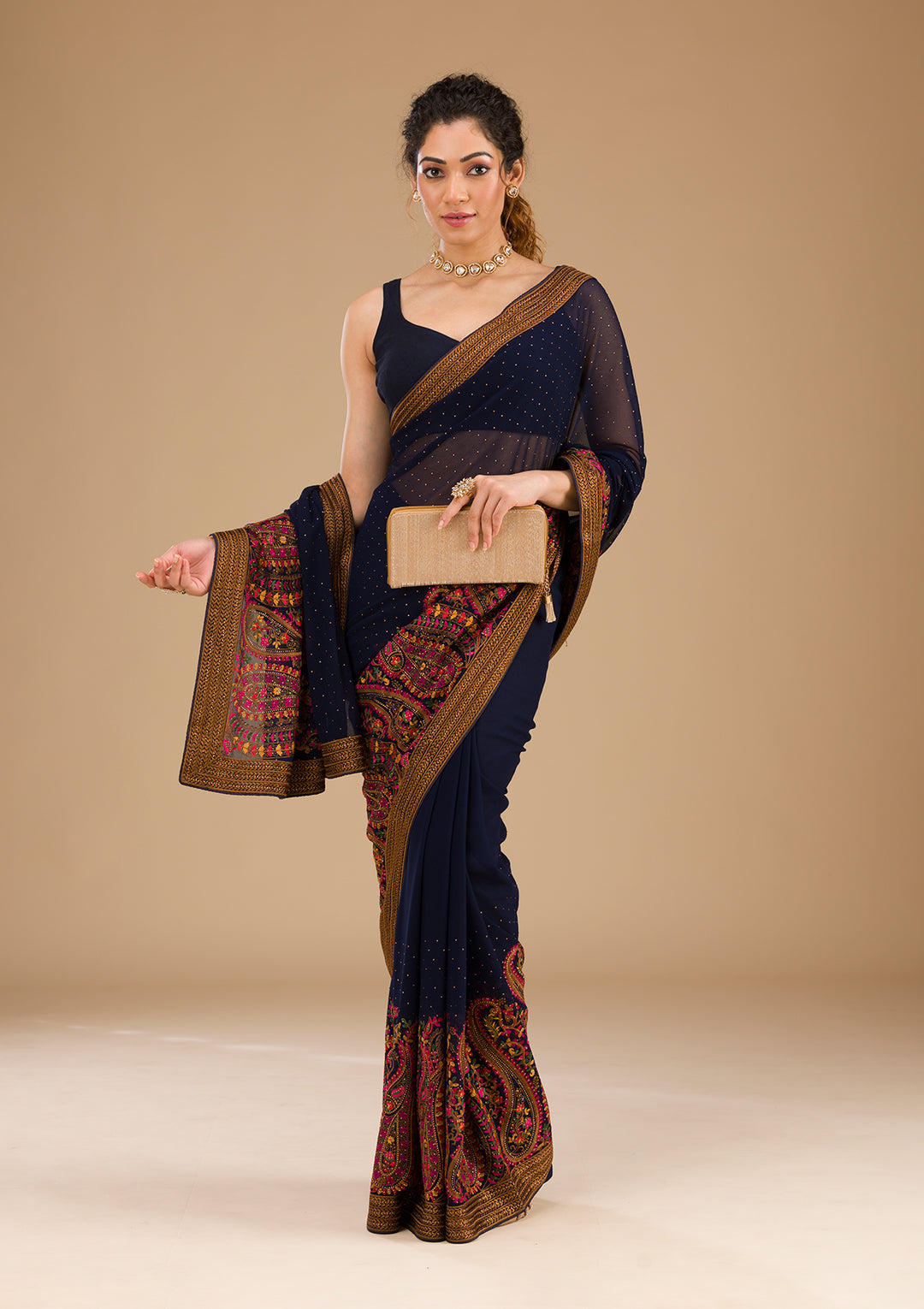 Navy Blue Threadwork Georgette Saree-Koskii