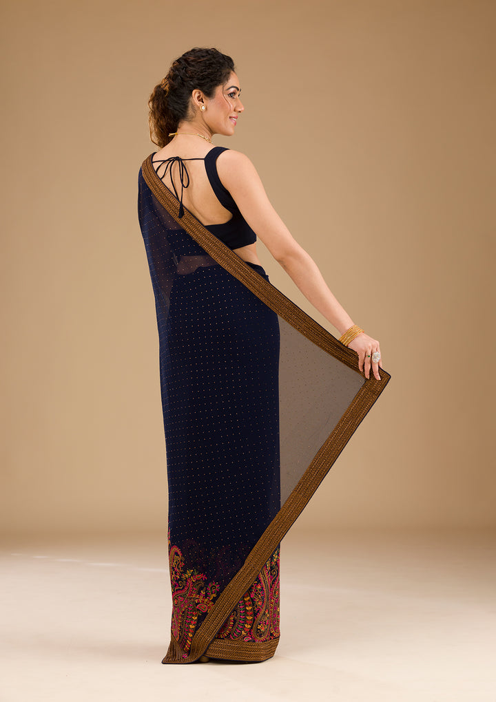 Navy Blue Threadwork Georgette Saree-Koskii