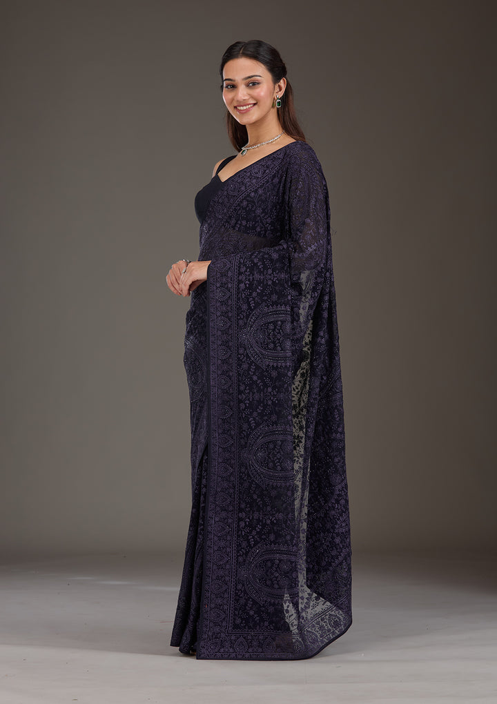 Navy Blue Threadwork Georgette Saree