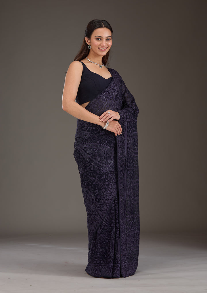 Navy Blue Threadwork Georgette Saree