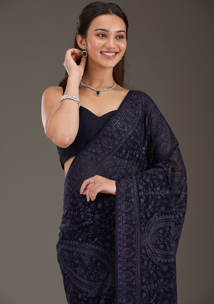 Navy Blue Threadwork Georgette Saree