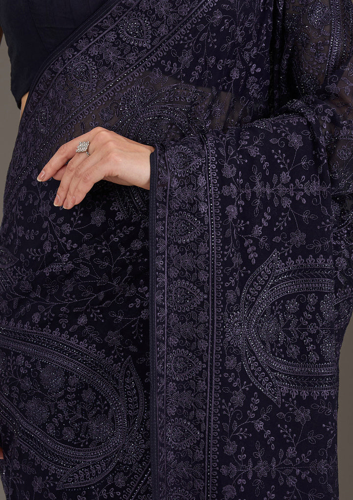 Navy Blue Threadwork Georgette Saree