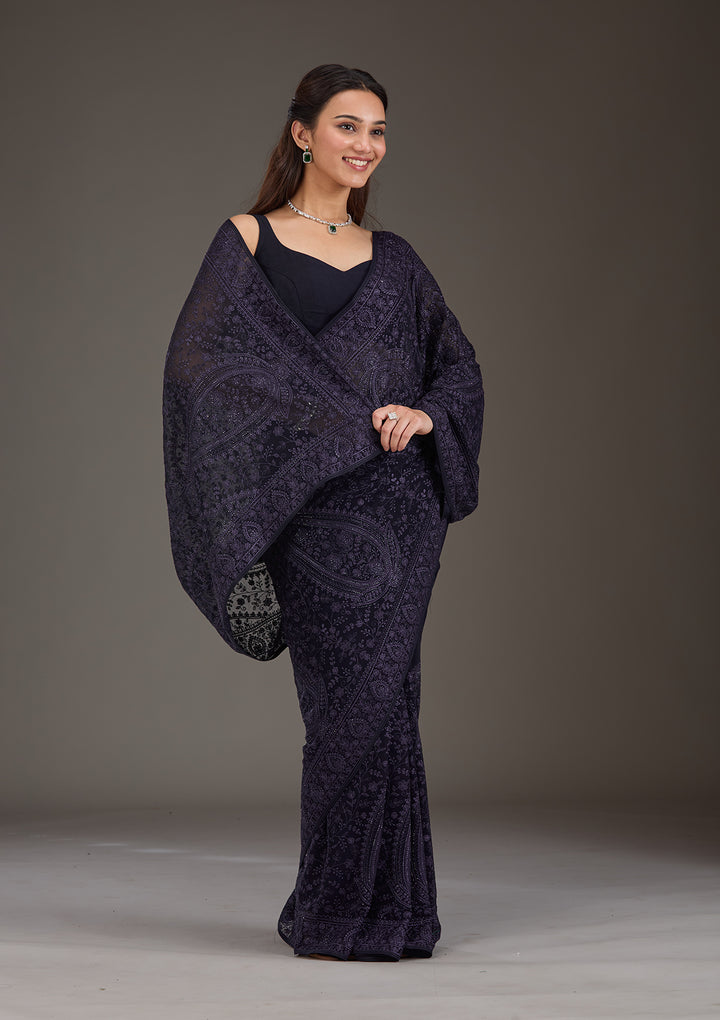 Navy Blue Threadwork Georgette Saree