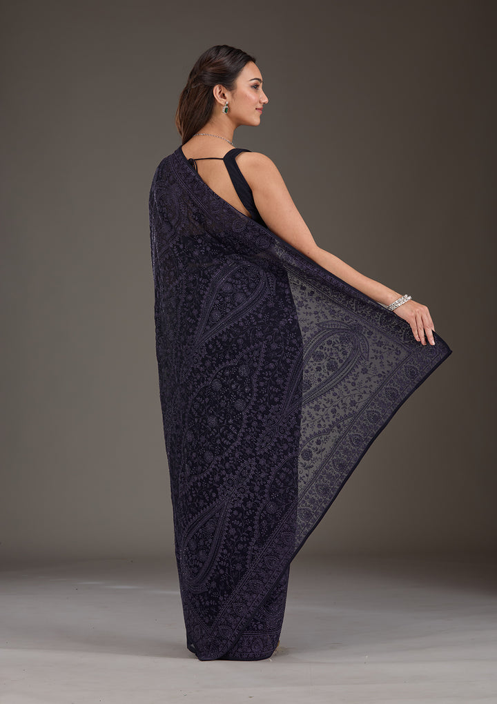 Navy Blue Threadwork Georgette Saree