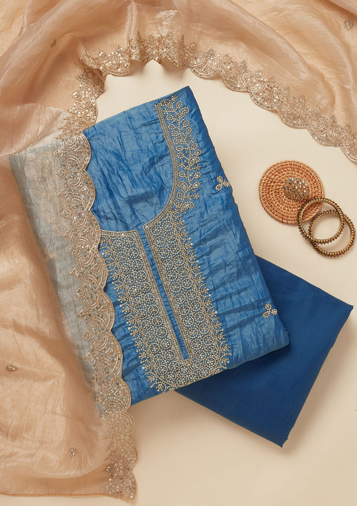 Navy Blue Threadwork Semi Crepe Unstitched Salwar Suit