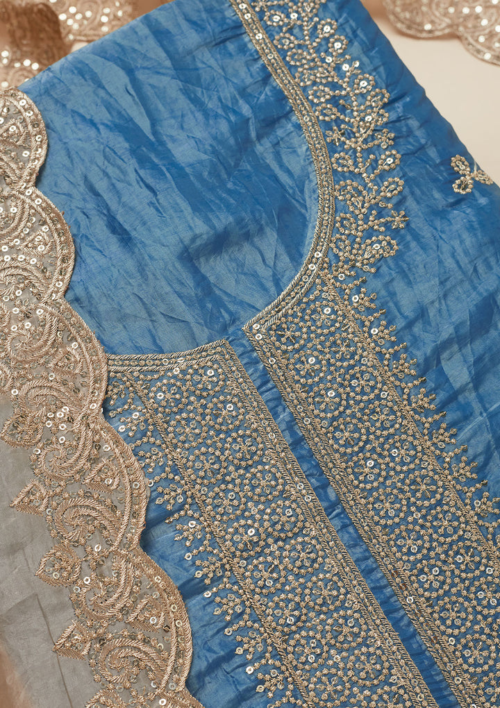 Navy Blue Threadwork Semi Crepe Unstitched Salwar Suit