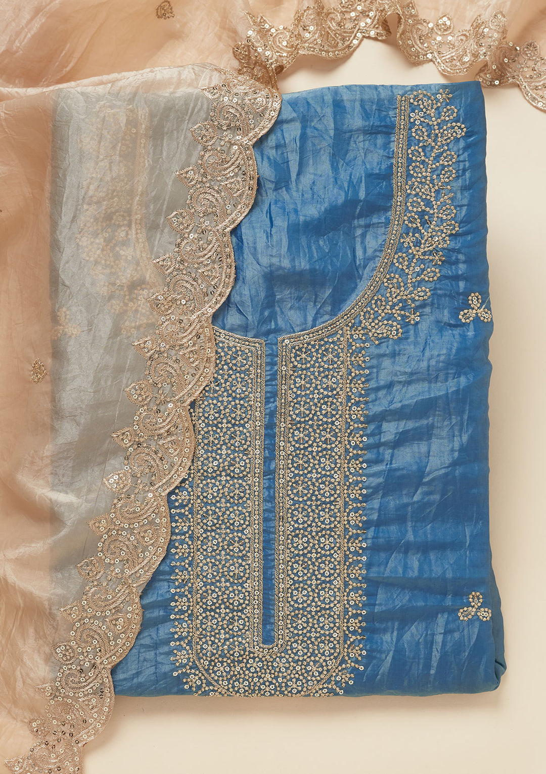 Navy Blue Threadwork Semi Crepe Unstitched Salwar Suit