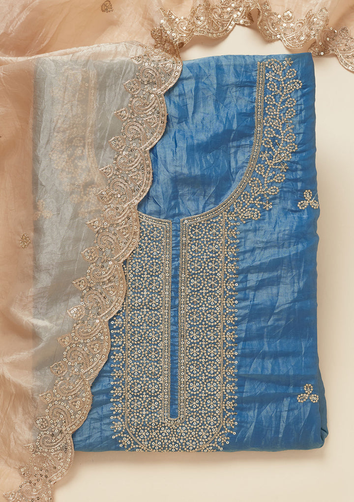 Navy Blue Threadwork Semi Crepe Unstitched Salwar Suit