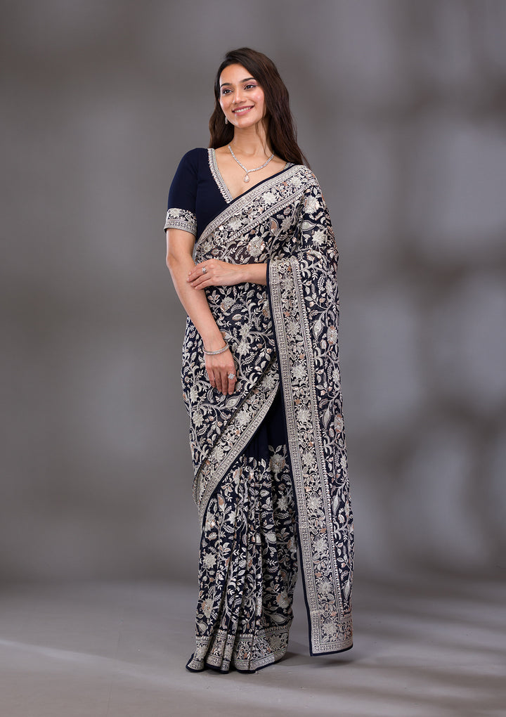Navy Blue Threadwork Tissue Saree