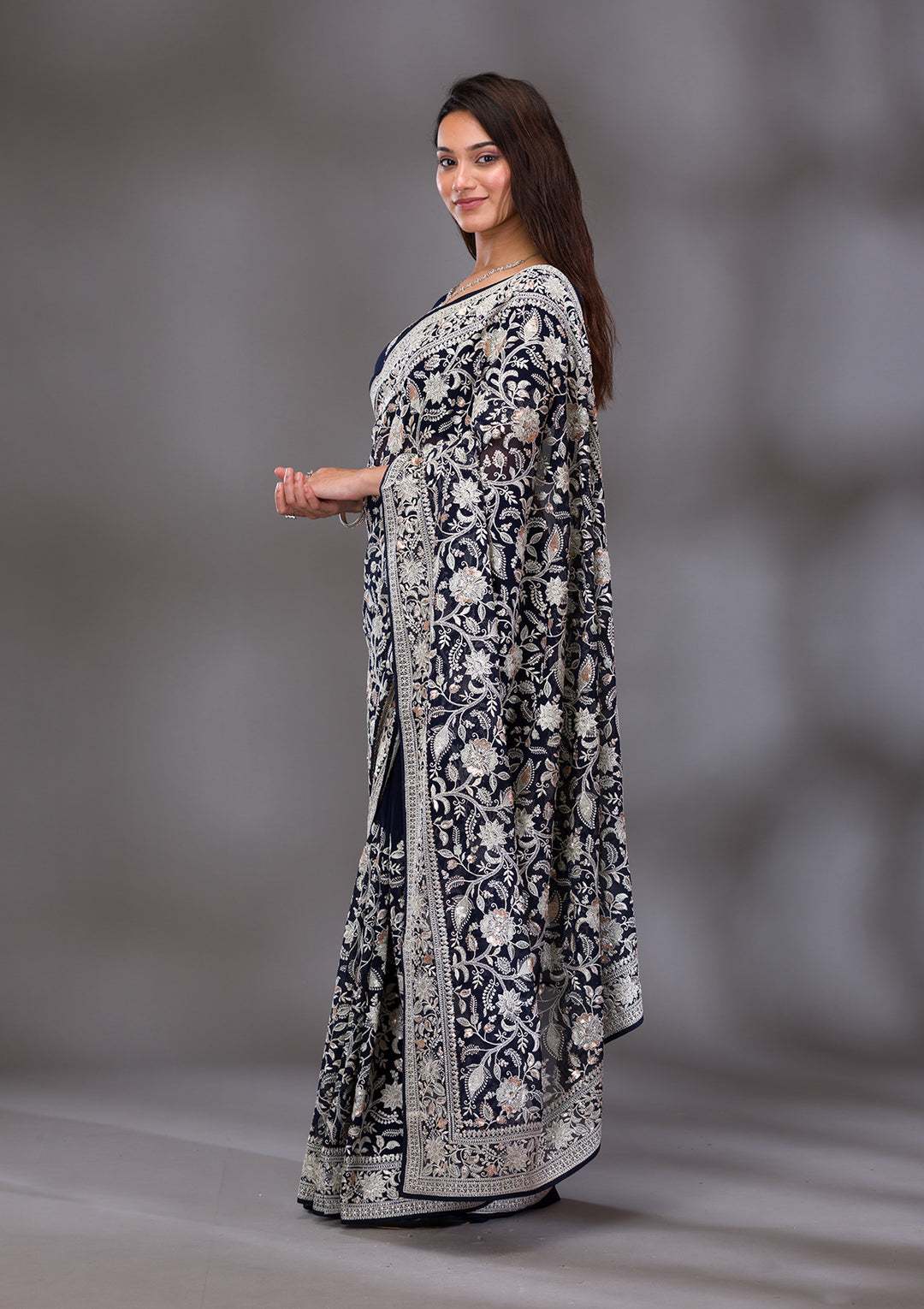 Navy Blue Threadwork Tissue Saree