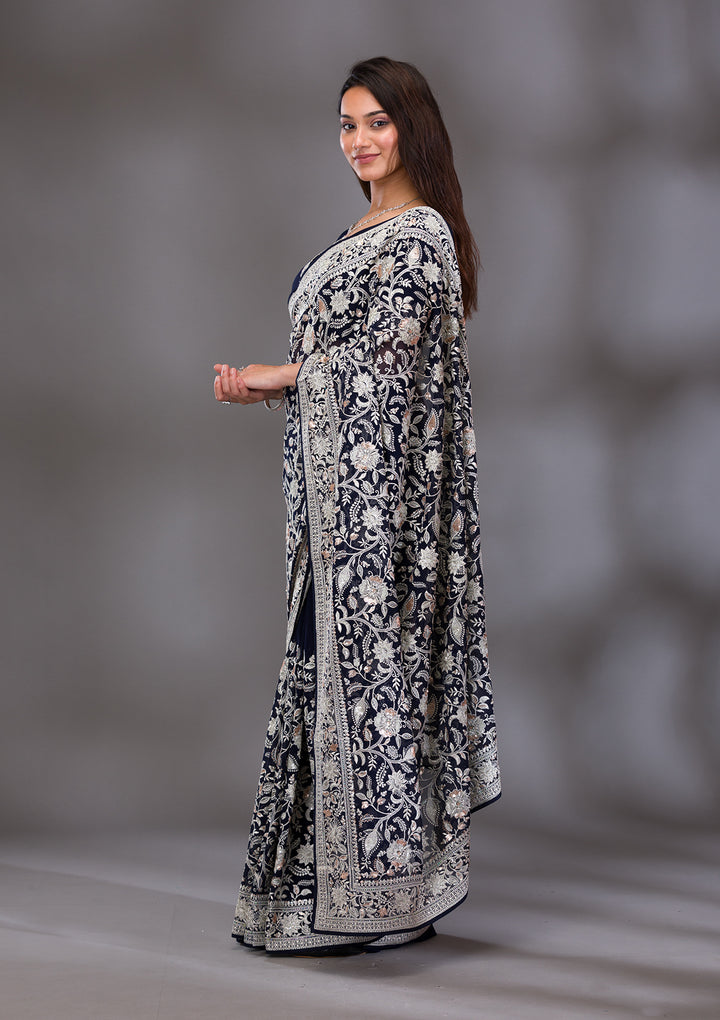 Navy Blue Threadwork Tissue Saree