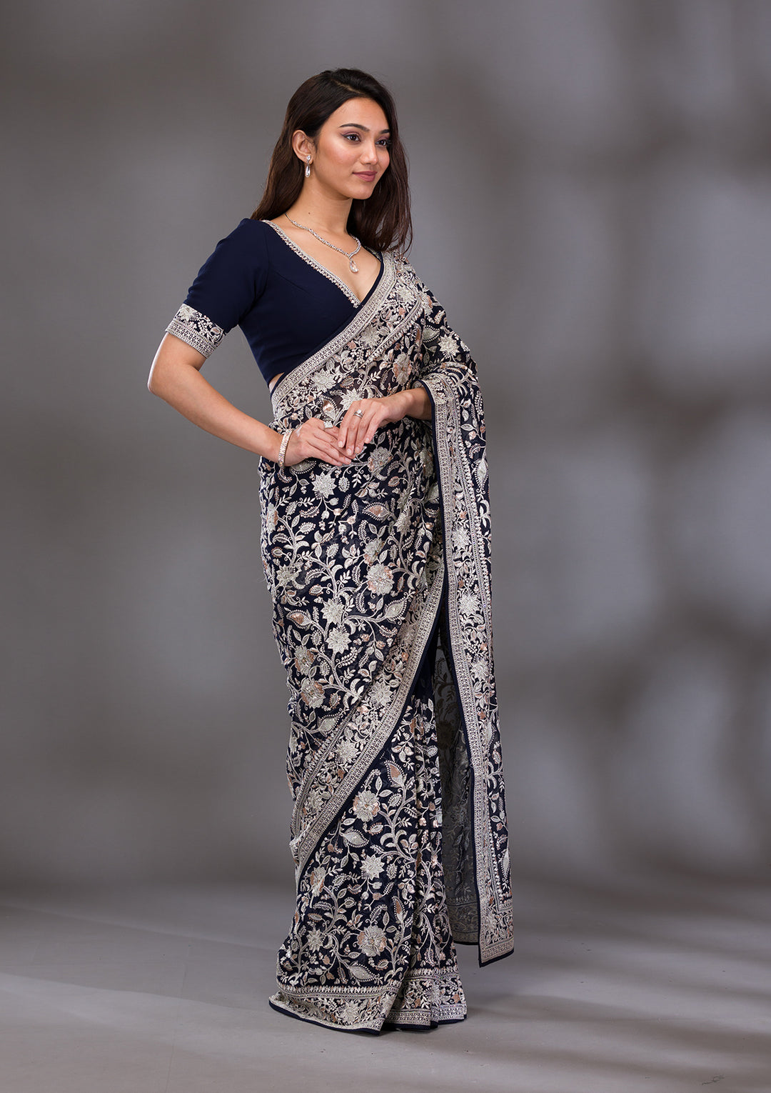 Navy Blue Threadwork Tissue Saree