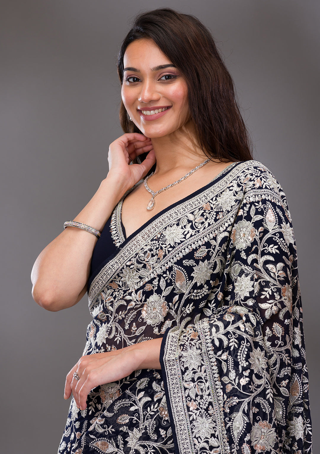 Navy Blue Threadwork Tissue Saree