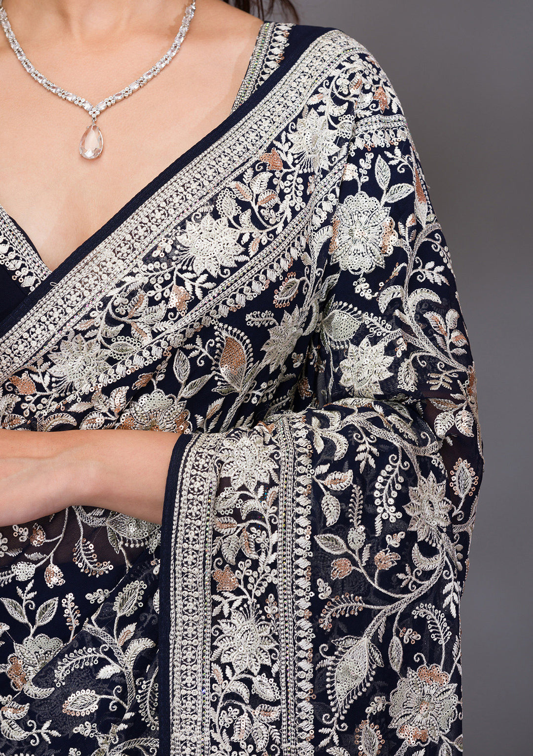 Navy Blue Threadwork Tissue Saree