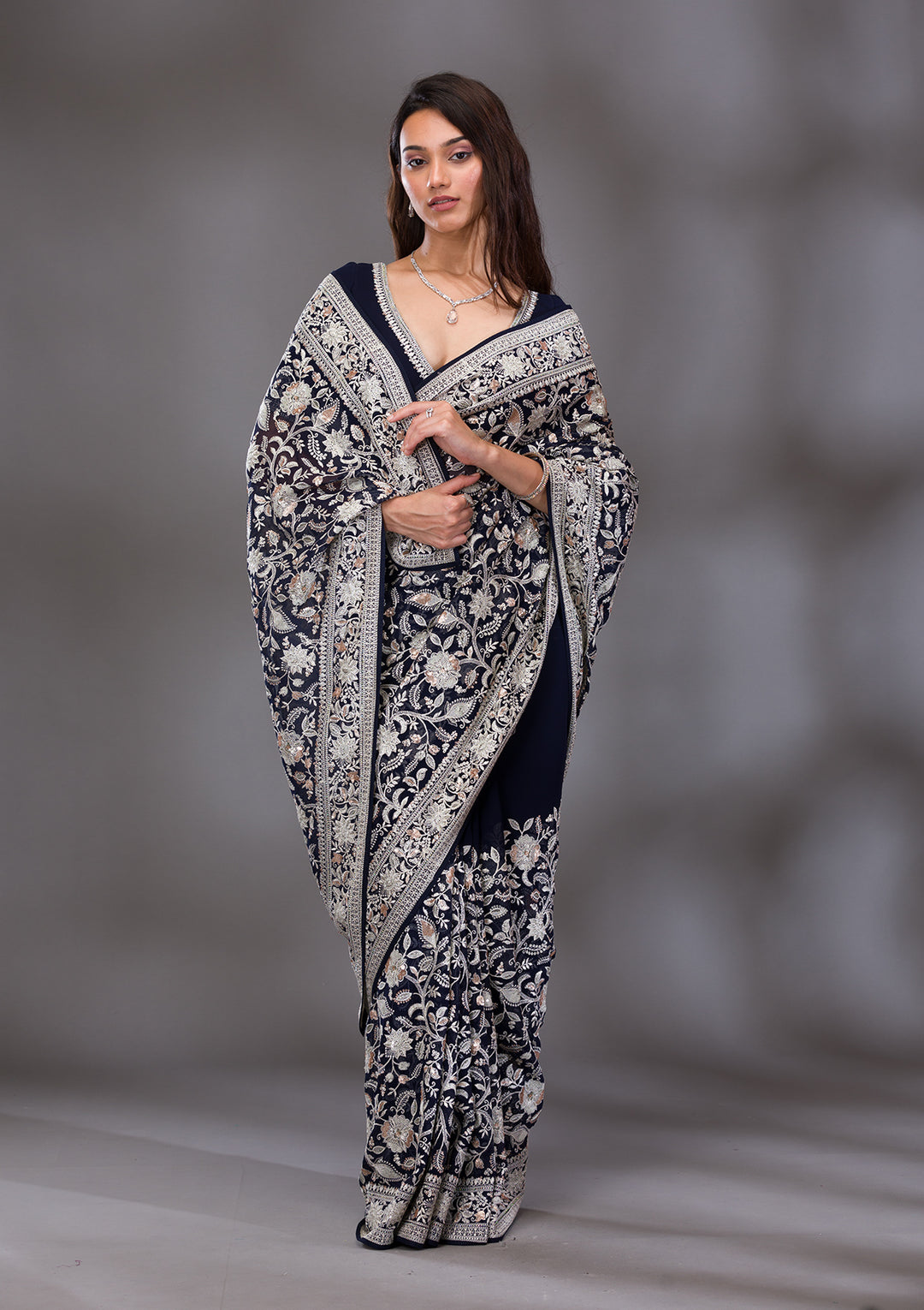 Navy Blue Threadwork Tissue Saree