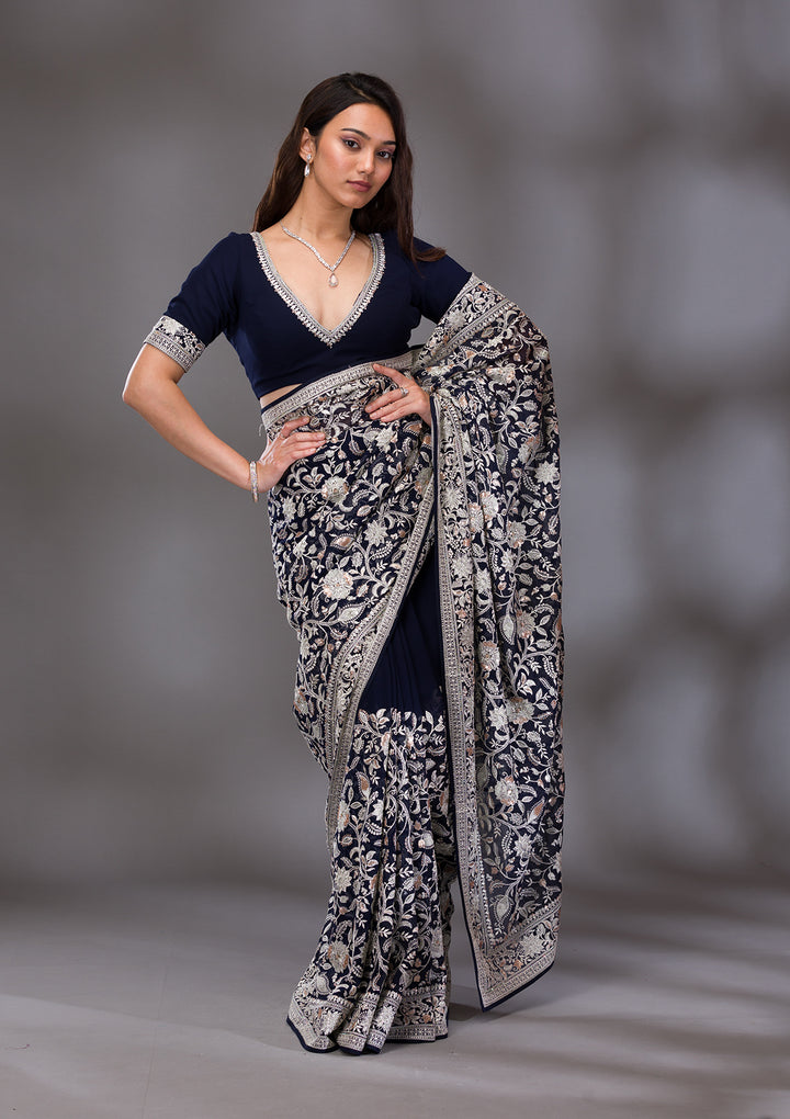 Navy Blue Threadwork Tissue Saree