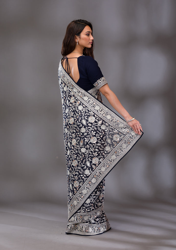 Navy Blue Threadwork Tissue Saree