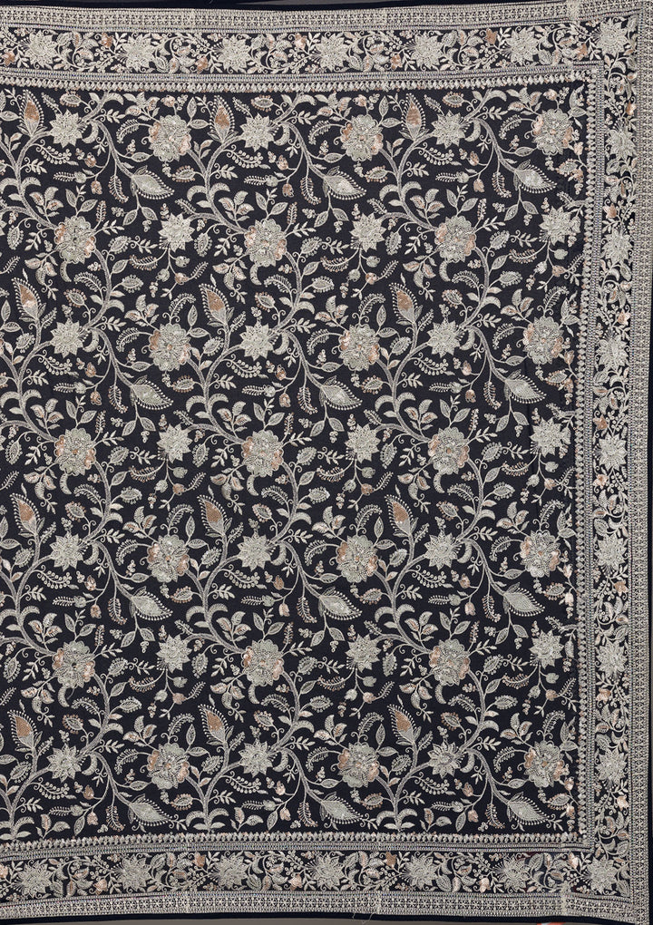 Navy Blue Threadwork Tissue Saree