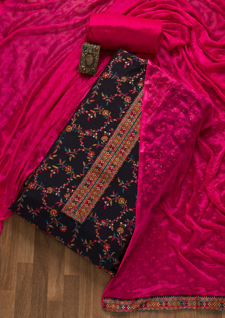 Navy Blue Zariwork Brocade Unstitched Salwar Suit-Koskii