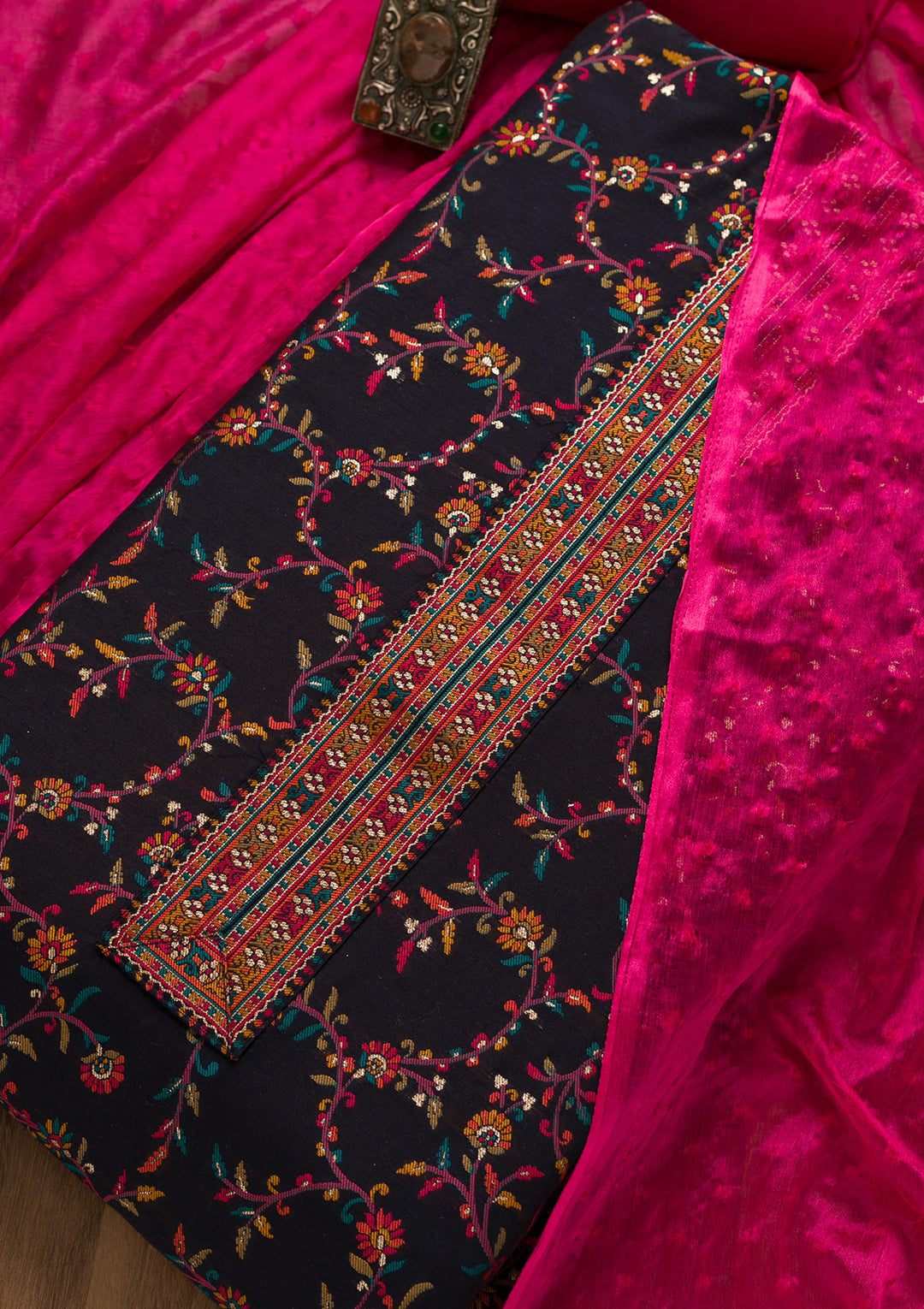 Navy Blue Zariwork Brocade Unstitched Salwar Suit