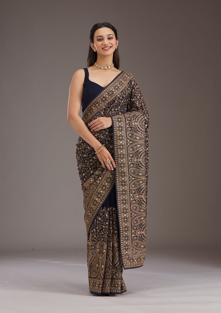 Navy Blue Zariwork Georgette Saree