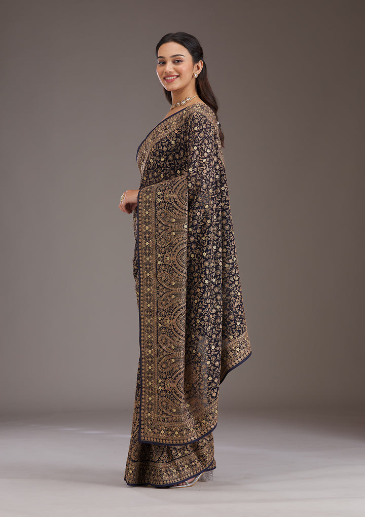 Navy Blue Zariwork Georgette Saree