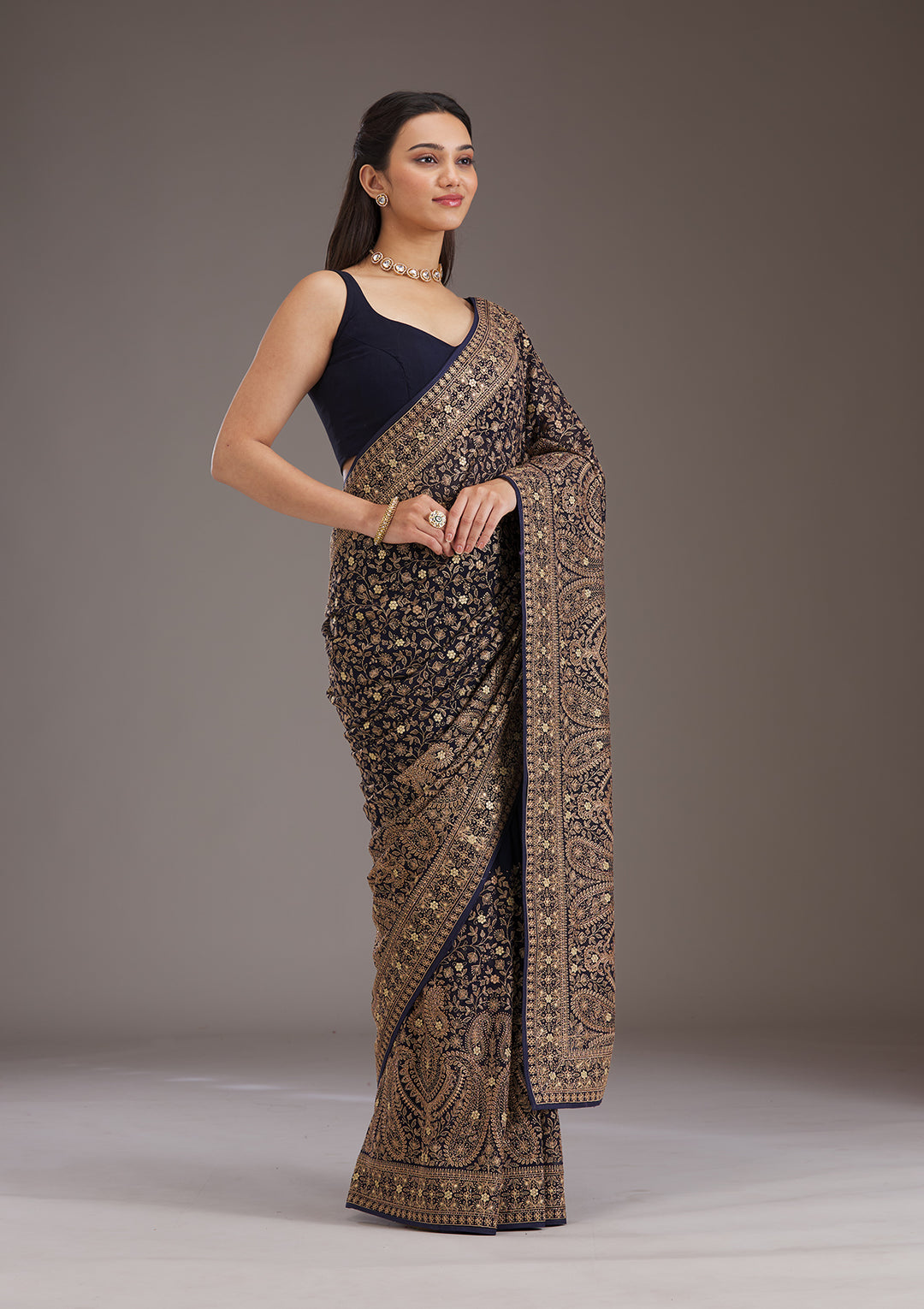 Navy Blue Zariwork Georgette Saree