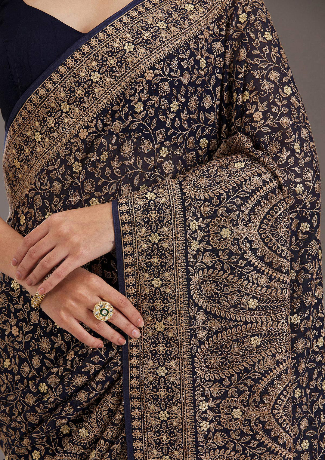 Navy Blue Zariwork Georgette Saree