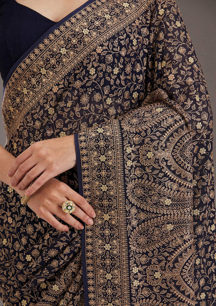 Navy Blue Zariwork Georgette Saree