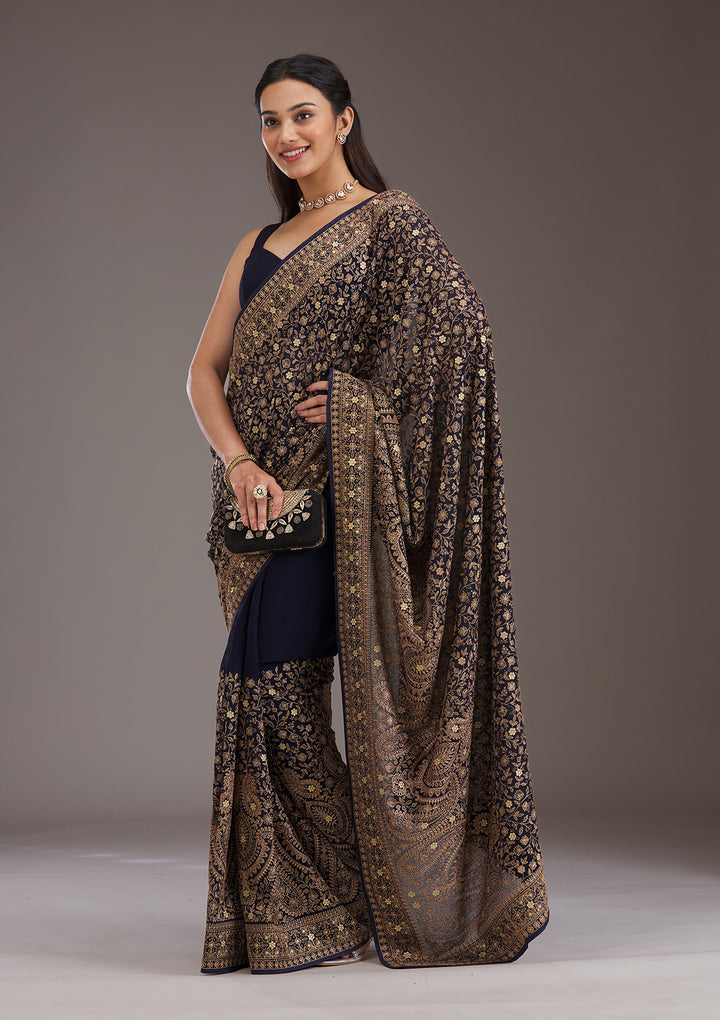 Navy Blue Zariwork Georgette Saree