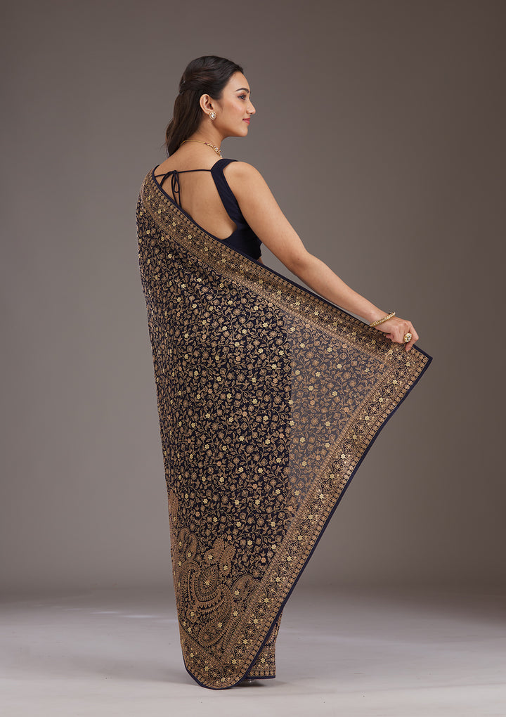 Navy Blue Zariwork Georgette Saree