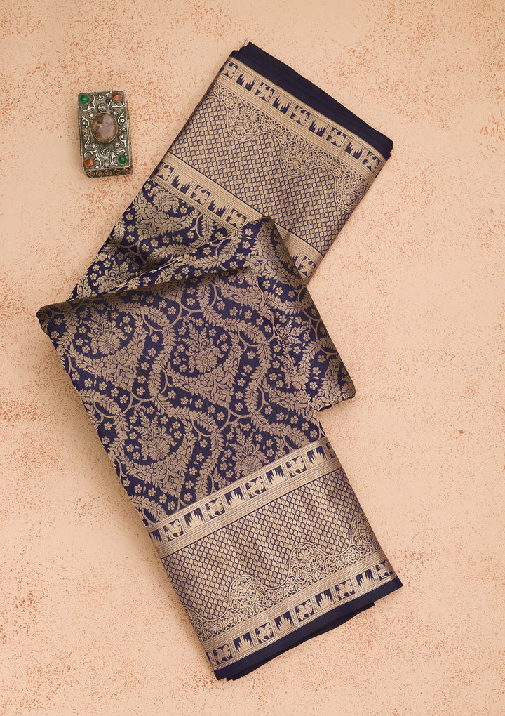Navy Blue Zariwork Pure Silk Saree