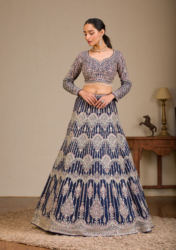 Navy Blue Zariwork Raw Silk Readymade Lehenga