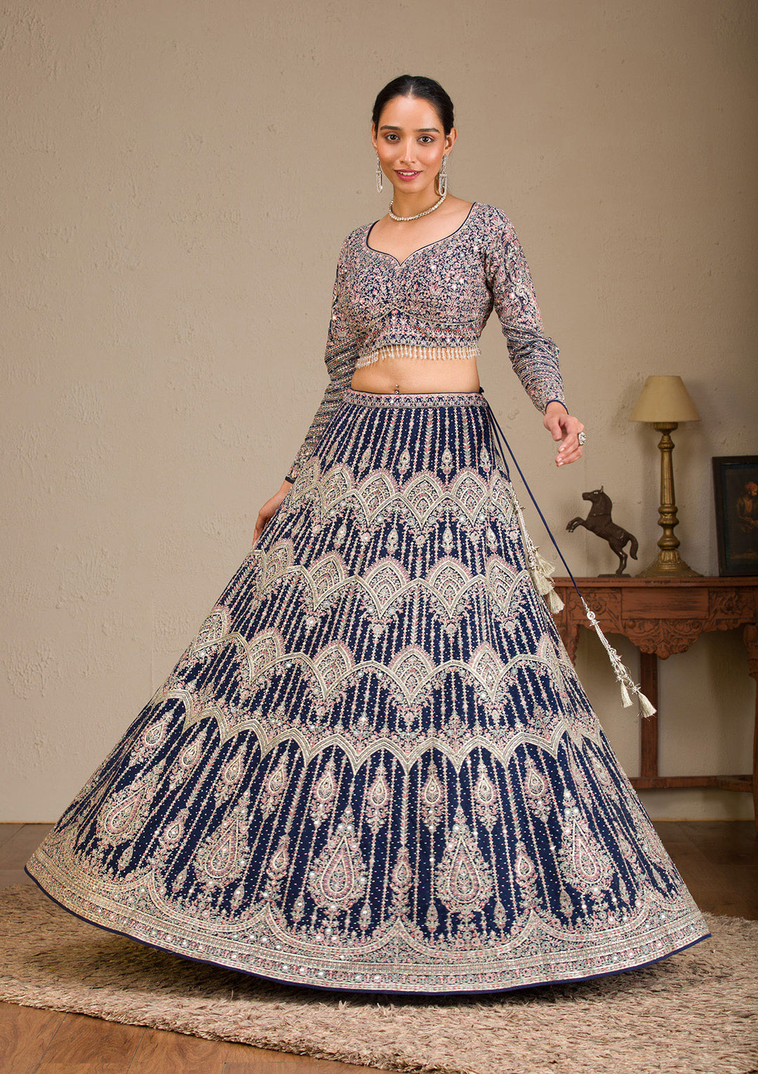 Navy Blue Zariwork Raw Silk Readymade Lehenga