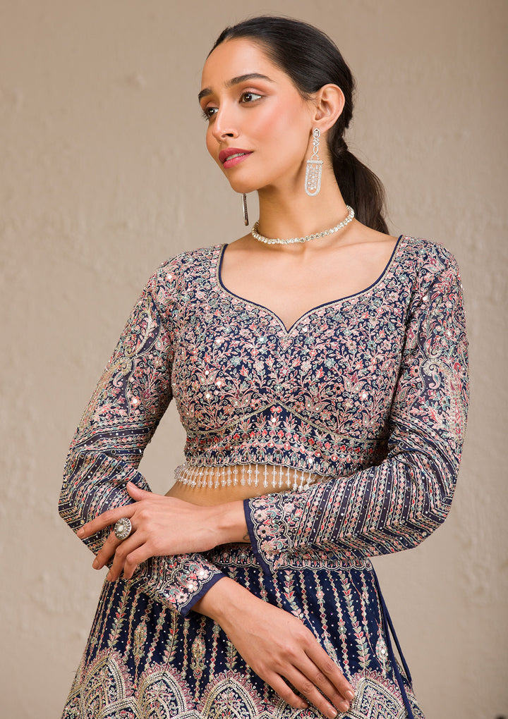 Navy Blue Zariwork Raw Silk Readymade Lehenga