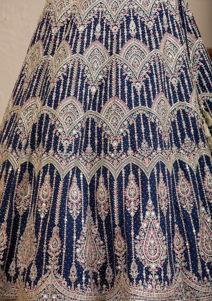 Navy Blue Zariwork Raw Silk Readymade Lehenga