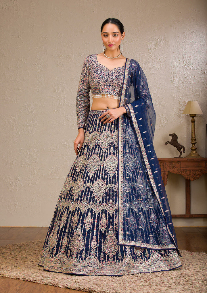 Navy Blue Zariwork Raw Silk Readymade Lehenga