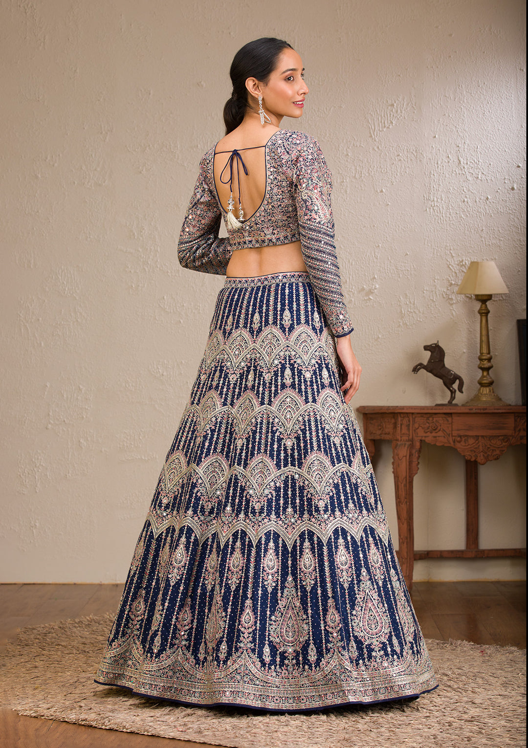 Navy Blue Zariwork Raw Silk Readymade Lehenga