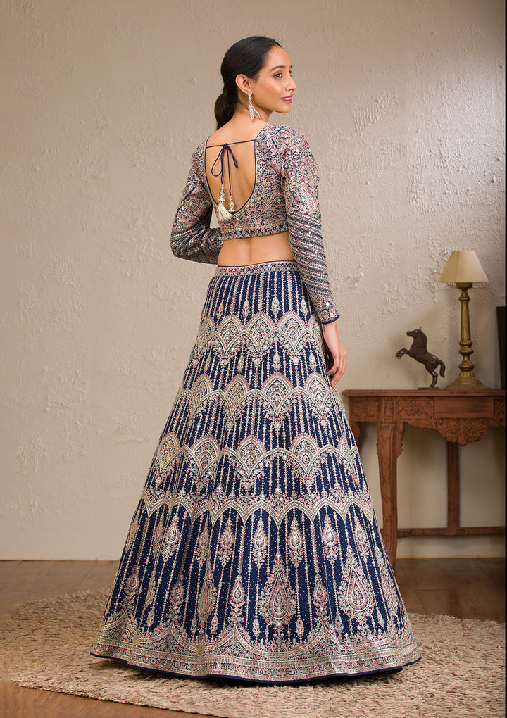 Navy Blue Zariwork Raw Silk Readymade Lehenga