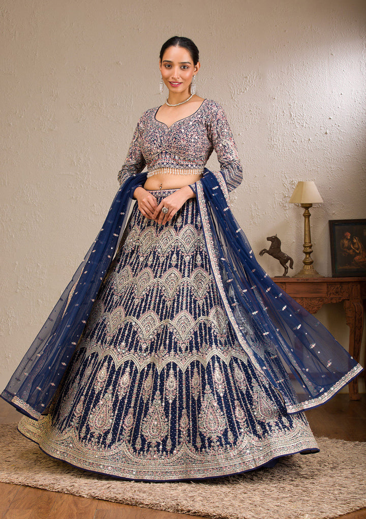 Navy Blue Zariwork Raw Silk Readymade Lehenga
