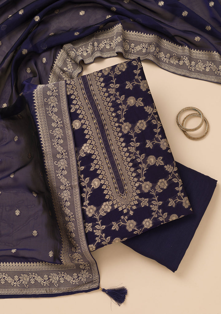 Navy Blue Zariwork Satin Unstitched Salwar Suit