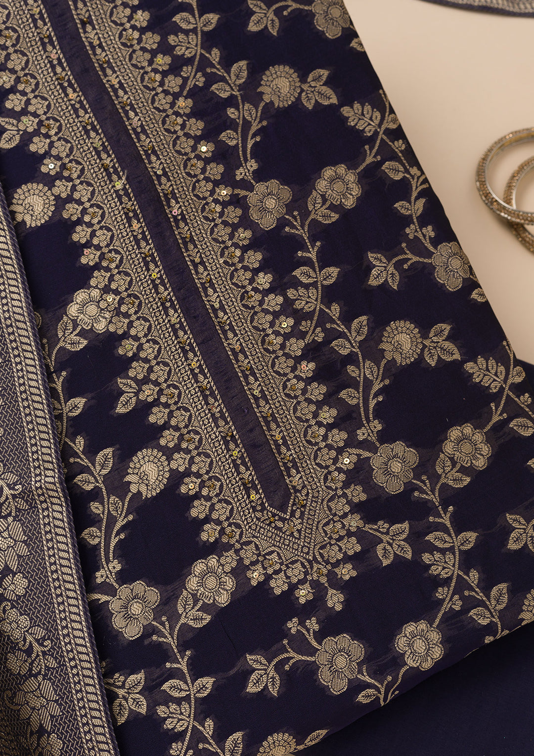 Navy Blue Zariwork Satin Unstitched Salwar Suit