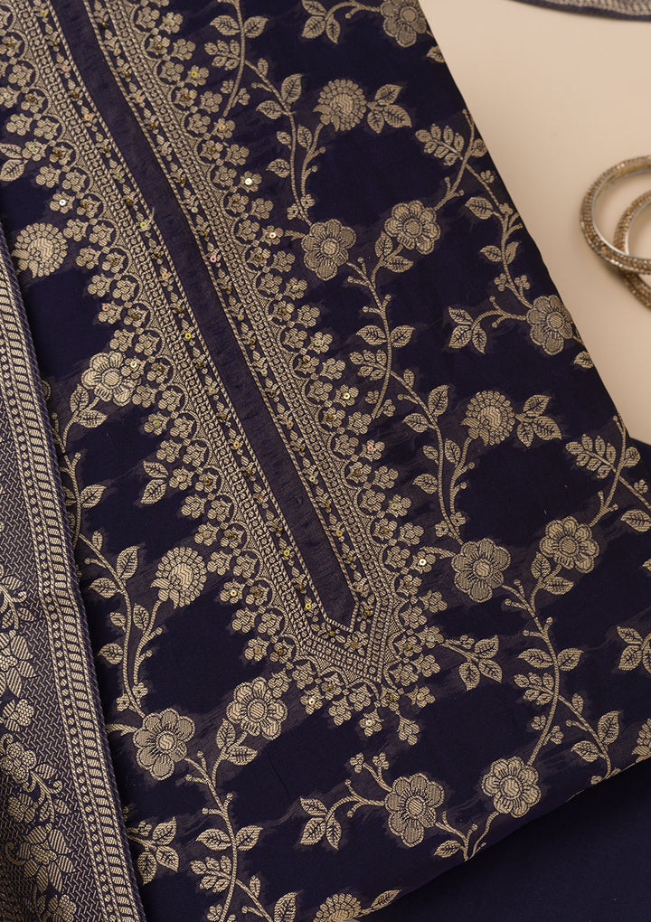 Navy Blue Zariwork Satin Unstitched Salwar Suit