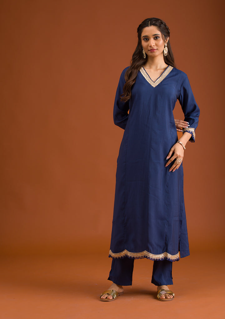 Navy Blue Zariwork Semi Crepe Readymade Salwar Suit